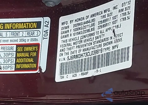 2012 Honda Cr-V Ex-L from USA, damaged, VIN 5J6RM3H73CL039919